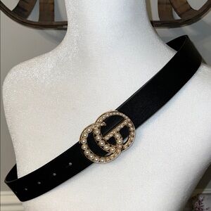 Never worn GG Faux Leather Black with Gold & Pearl Belt approx 43” end to end